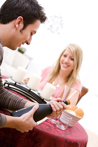 Valentine's: Man Opening Bottle of Champagne — Stock Photo, Image