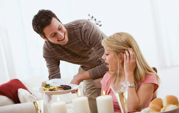 Valentine's: Man Surprises Girlfriend with Dinner — Stock Photo, Image