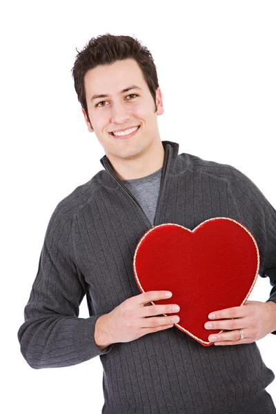 San Valentín: Hombre sosteniendo caja de caramelo de terciopelo rojo — Foto de Stock