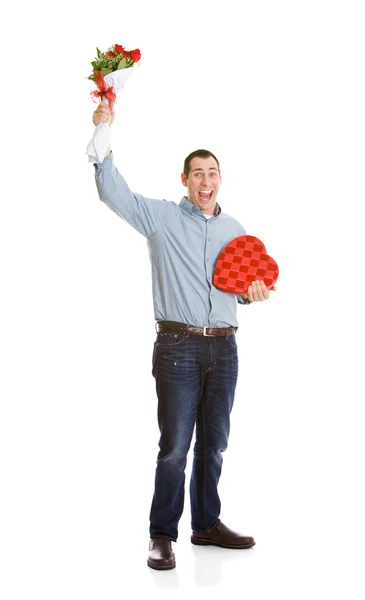 Valentine: Man Holding Bouquet Aloft — Stock Photo, Image