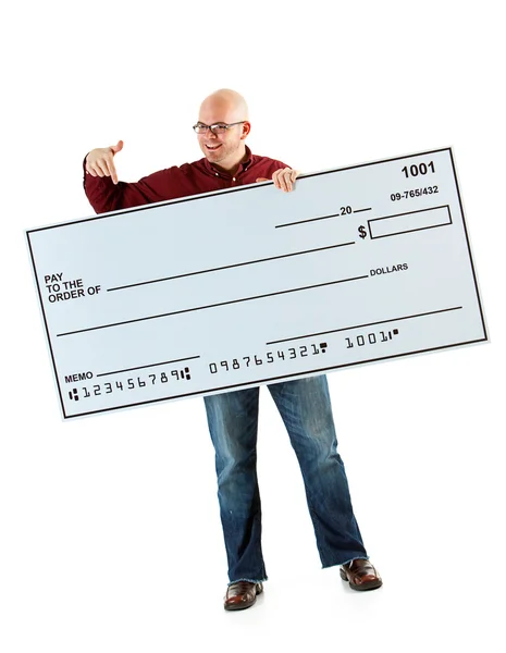 Check: Man Points to Oversized Check — Stock Photo, Image