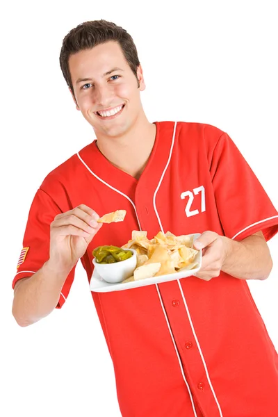 Baseball: Fan isst Nachos — Stockfoto