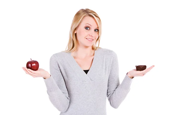 Choices: Woman Can't Decide Between Fruit Or Cake — Stock Photo, Image