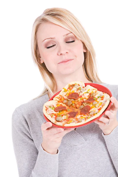 Choices: Woman Smells Aroma Of Pizza — Stock Photo, Image