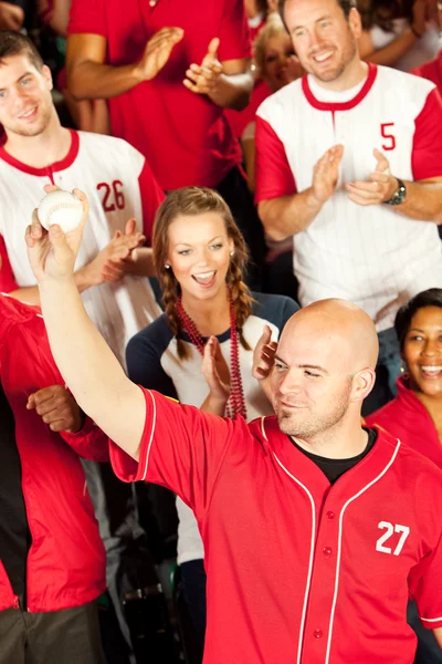 Fans: Man Shows Off Caught Baseball — Stock Photo, Image