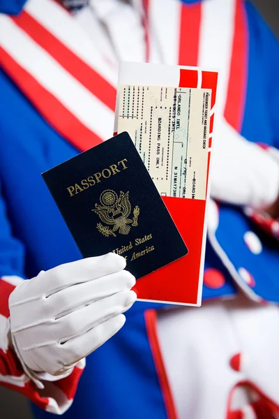 Patriotic: Holding A Passport And Airline Ticket Royalty Free Stock Photos