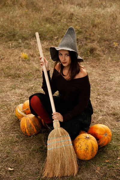 witch with a broom in the park