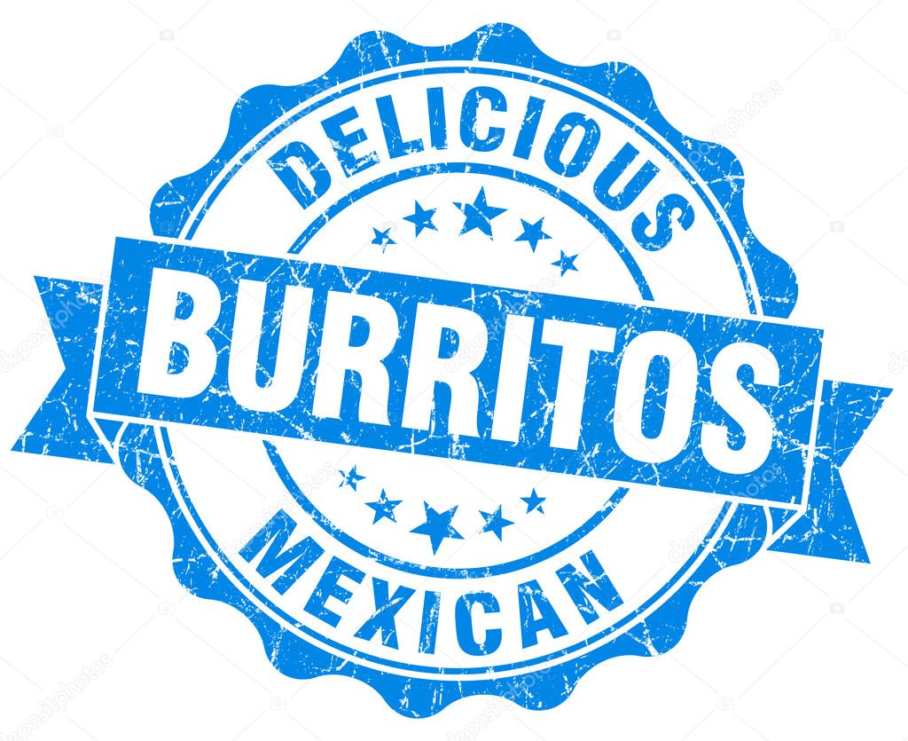 Delicious burritos blue vintage seal isolated on white