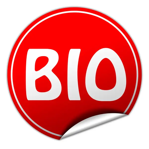 Bio redondo etiqueta engomada roja sobre fondo blanco — Foto de Stock