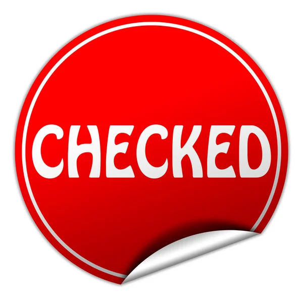 Checked round red sticker on white background — Stock Photo, Image