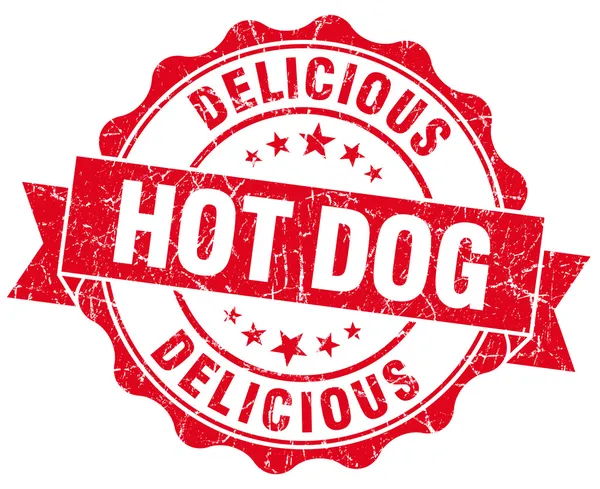 Delicioso hot dog vermelho grunge selo isolado no fundo branco — Fotografia de Stock