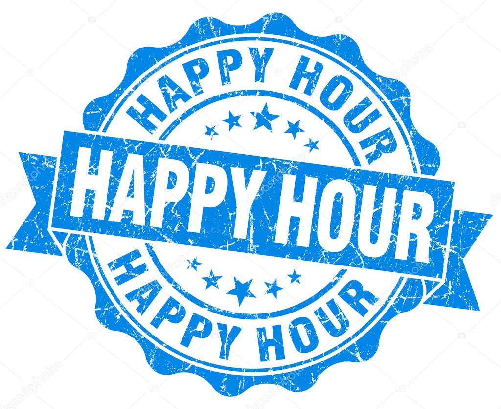 Happy hour blue grunge seal isolated on white background