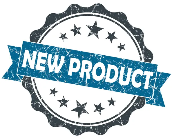 Novo selo vintage grunge azul do produto isolado no branco — Fotografia de Stock