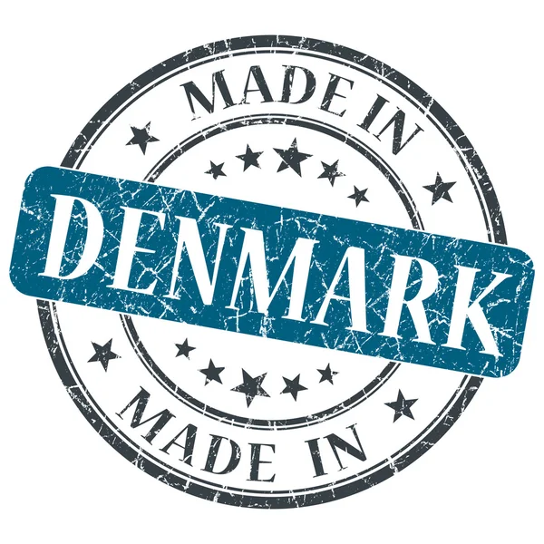 Gemaakt in Denemarken grunge blauwe ronde stempel geïsoleerd op witte achtergrond — Stockfoto