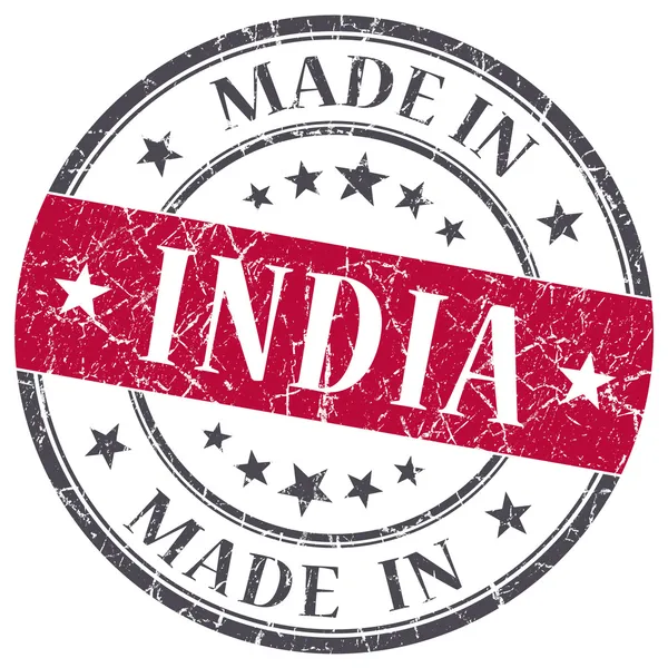 Gemaakt in india rode grunge ronde stempel geïsoleerd op witte achtergrond — Stockfoto