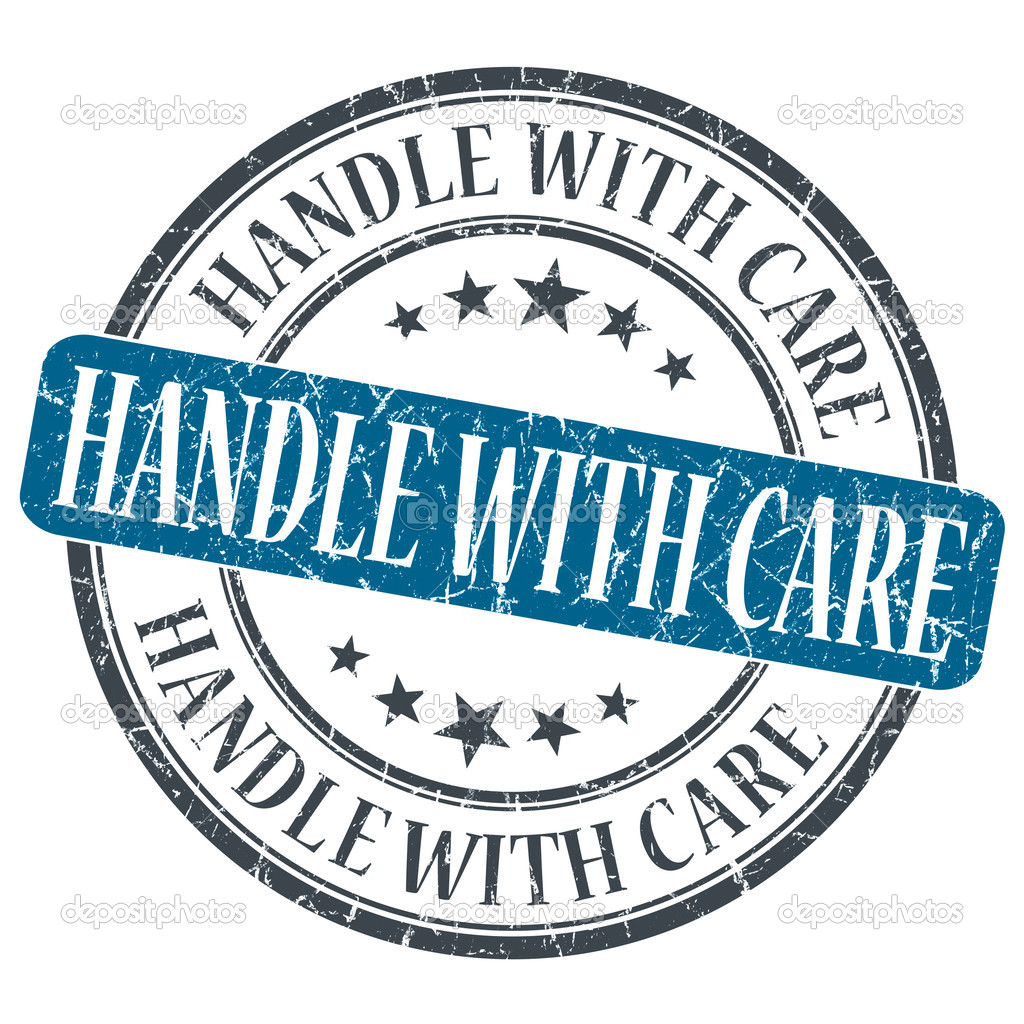 Handle With Care blue grunge round stamp on white background