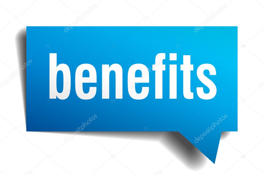 benefits blue 3d realistic paper speech bubble isolated on white