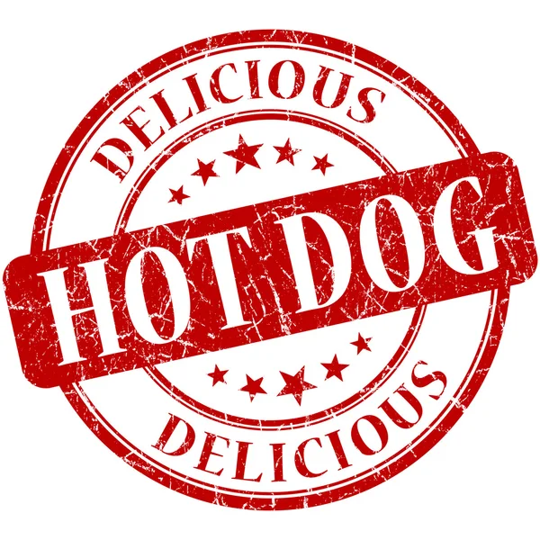 Délicieux hot dog rouge rond grungy timbre en caoutchouc vintage — Photo