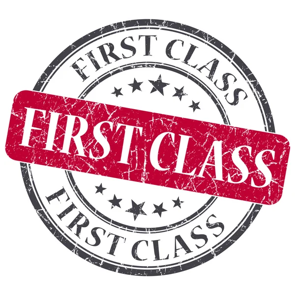 Erste Klasse rote runde grungy Marke isoliert auf weißem Hintergrund — Stockfoto