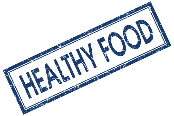 Alimentos saudáveis azul quadrado selo grungy isolado no fundo branco — Fotografia de Stock