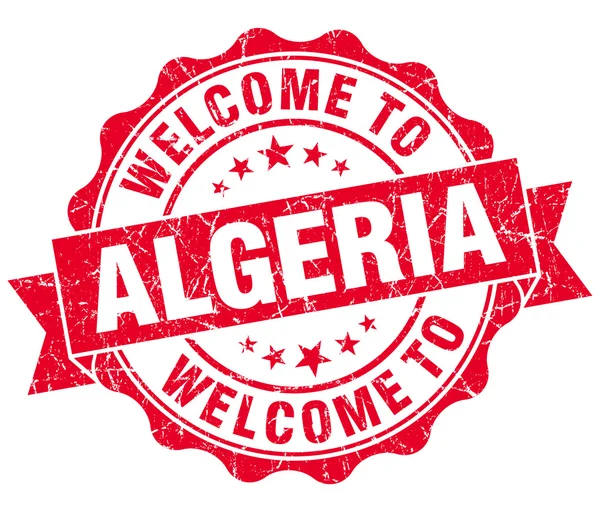 Ласкаво просимо в Алжирі червоний шорсткою vintage ізольованих ущільнення — стокове фото