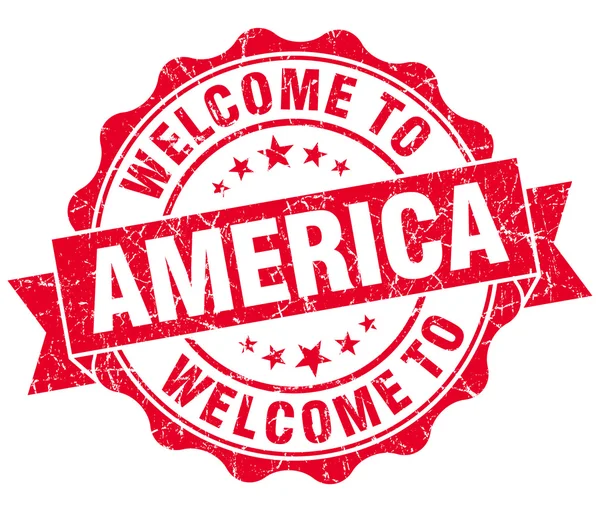 에 오신 것을 환영 합니다 미국 빨간 지저분한 빈티지 절연된 도장 — 스톡 사진