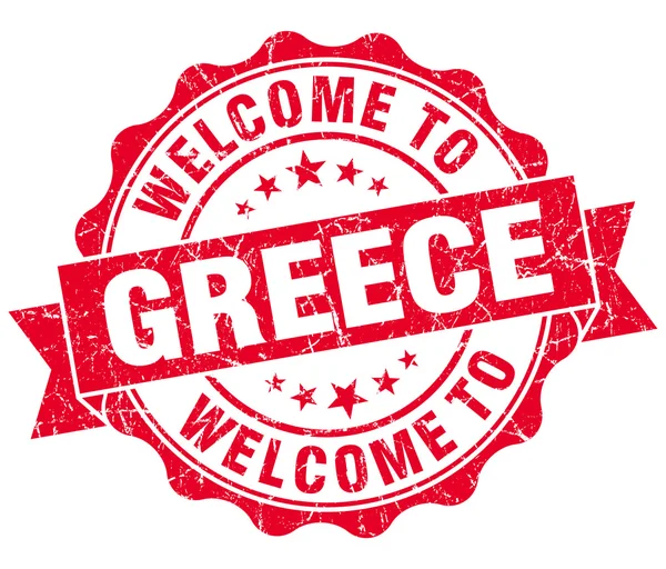 Welkom in Griekenland rode grungy vintage geïsoleerde zegel — Stockfoto