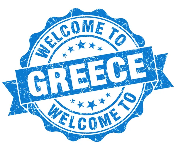 Welkom in Griekenland blauw grungy vintage geïsoleerde zegel — Stockfoto