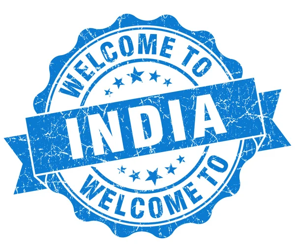 Välkommen till Indien blå grungy vintage isolerade sigill — Stockfoto
