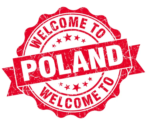 Bienvenue en Pologne phoque isolé vintage grungy rouge — Photo