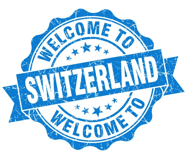 Καλώς ήρθατε στην Ελβετία μπλε grungy vintage απομονωμένες σφραγίδα — Φωτογραφία Αρχείου