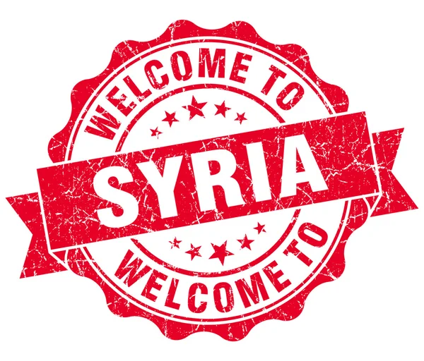 Ласкаво просимо до Сирії червоний шорсткою vintage ізольованих ущільнення — стокове фото