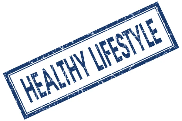 Healthy lifestyle blue square grungy stamp isolated on white background — Stock Photo, Image