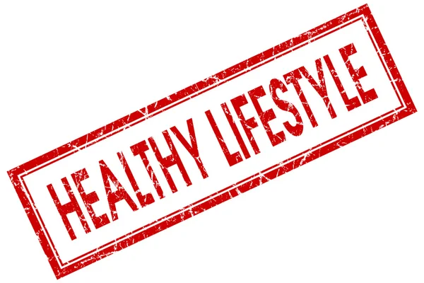 Healthy lifestyle red square grungy stamp isolated on white background — Stock Photo, Image