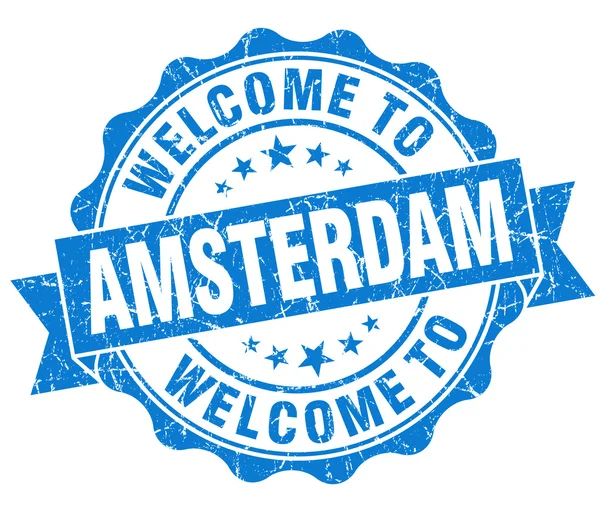 Willkommen bei amsterdam blue vintage isolated seal — Stockfoto