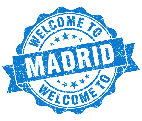 Benvenuto a Madrid sigillo isolato blu vintage — Foto Stock