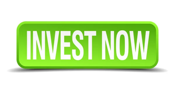 Invertir ahora verde 3d realista botón cuadrado aislado — Vector de stock