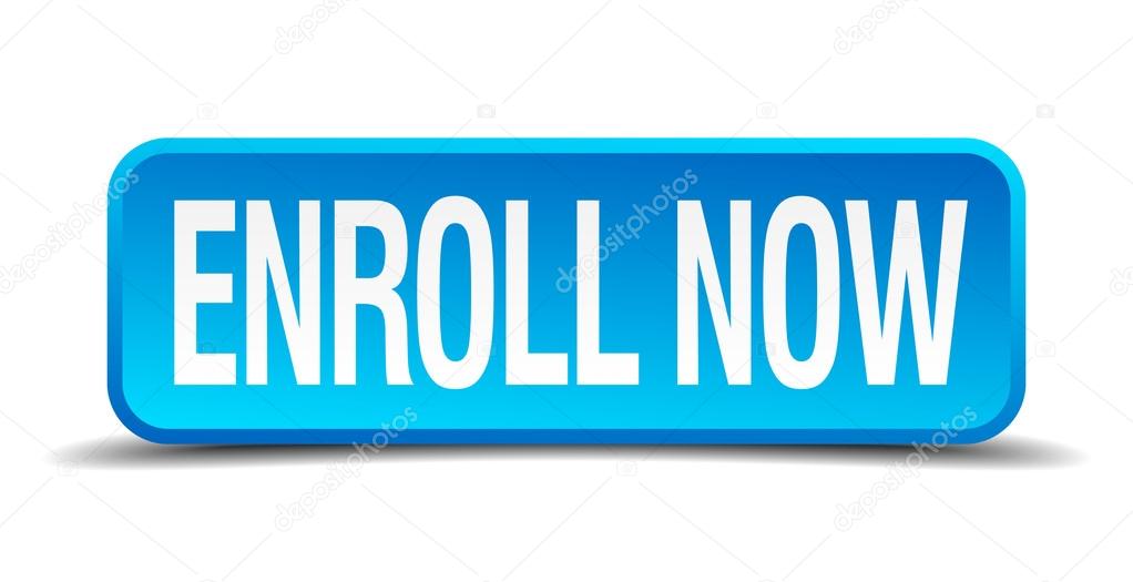 enroll now blue 3d realistic square isolated button