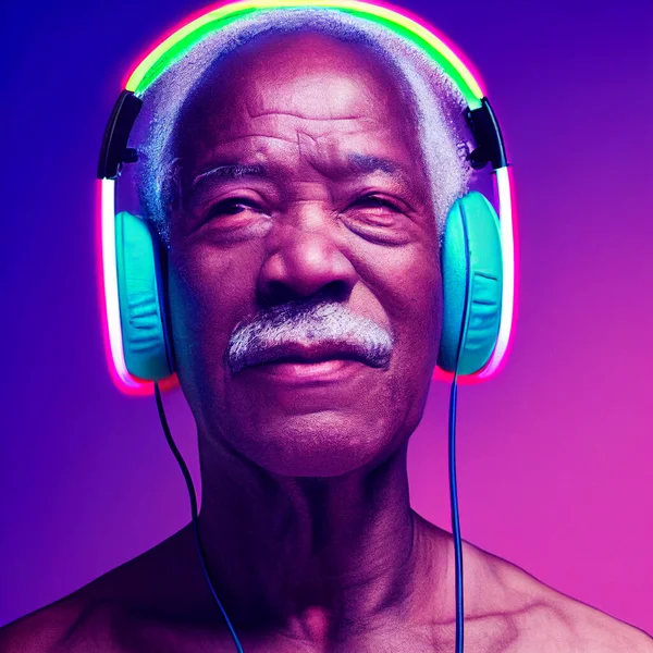 Grandpa listens to music. Cool old black man wearing headphones listening music