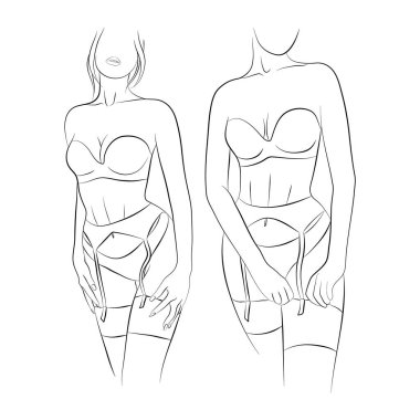 Vector illustration set of a young woman in lingerie: bra, panties, belt, and stockings