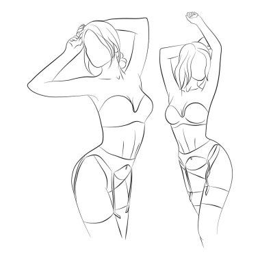 Vector illustration set of a young woman in lingerie: bra, panties, belt, and stockings