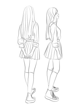 Vector illustration set of a teenage girl sitting, leaning on a desk or railing. Schoolgirl in student uniform: shirt, jacket, tie, pleated skirt, stockings, sneakers.