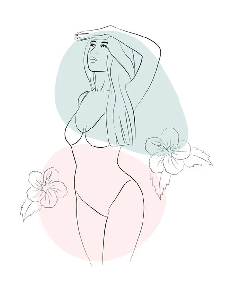 Vector Illustration Young Woman One Piece Swimsuit Floral Ornament Abstracts — Vetor de Stock