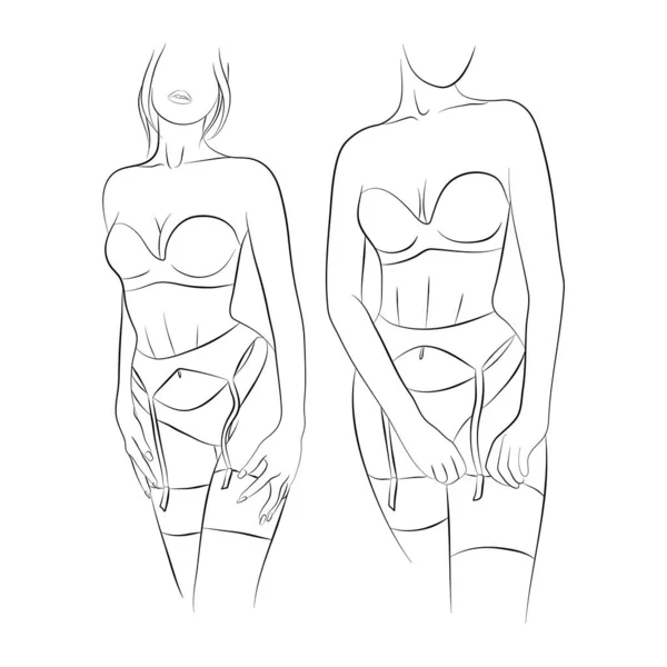 Vector Illustration Set Young Woman Lingerie Bra Panties Belt Stockings — Vettoriale Stock
