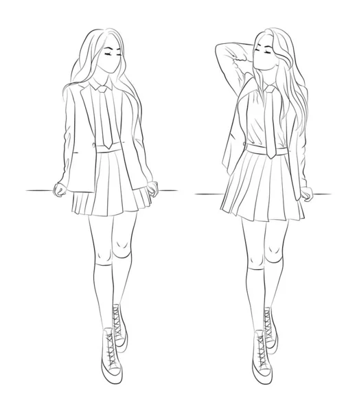 Vector Illustration Set Teenage Girl Sitting Leaning Desk Railing Schoolgirl — Wektor stockowy