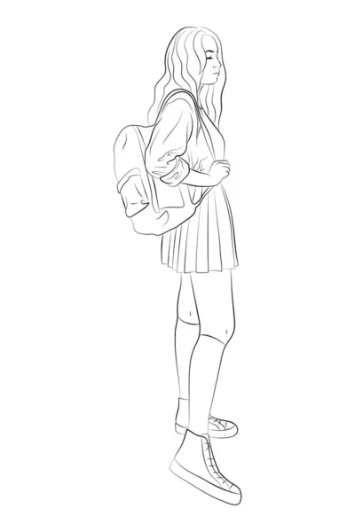 Vector Illustration Teenage Girl Backpack Schoolgirl Student Uniform Shirt Jacket — Stockvector