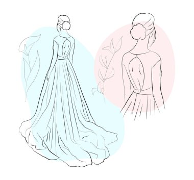 Vector illustration of a bride in a wedding dress and a veil with floral ornament and abstracts