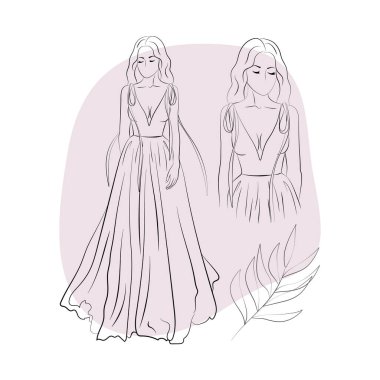 Vector illustration of a bride in a wedding dress and a veil with floral ornament and abstracts