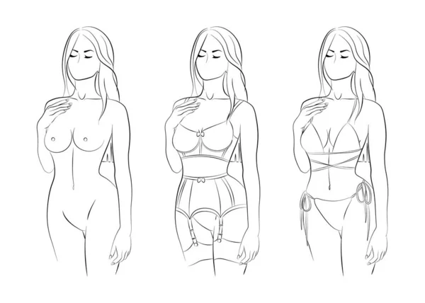 Vector Illustration Set Young Woman Naked Lingerie Bikini — Wektor stockowy
