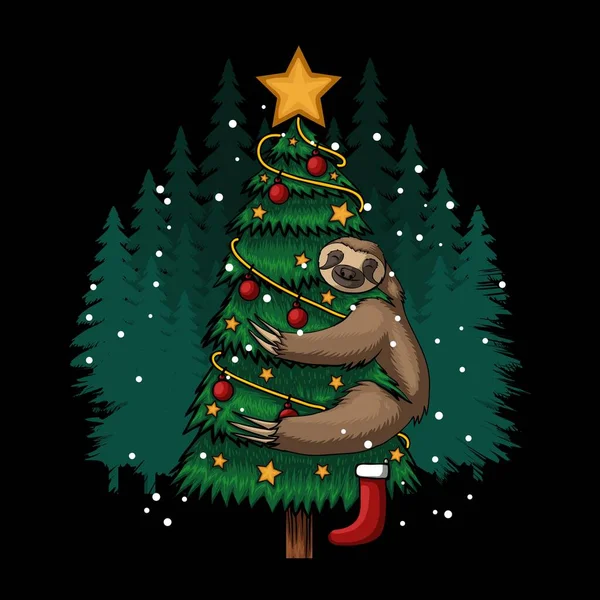 Sloth Hugging Tree Merry Christmas Vector Illustration Your Company Brand — Stock Vector